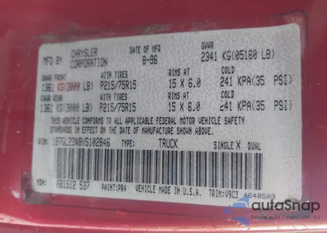 1997 Dodge Dakota Slt/Sport из США, поврежденный, VIN 1B7GL23X8VS102846